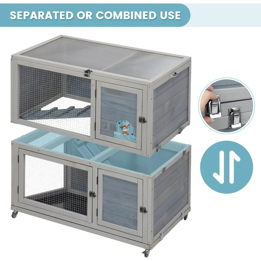 Weatherproof Wooden Rabbit Hutch for Indoor/ Outdoor Use with Two Stories. Portable Pet House with Wheels Easy-to-Clean & Pull-Out