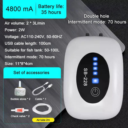 SOBO Aquarium  Oxygen Air Pump Compressor, Charging Silent USB with Battery Portable Fishing Oxygenator 6000mA