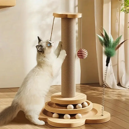 1pc, high-quality cat scratch board with rotating platform - wooden fiber chew toy, durable and non shedding cat tree stand, vertical
