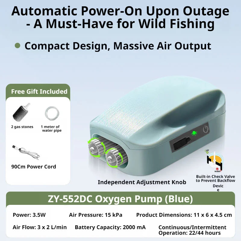 Aquarium Oxygen Air Pump Compressor Charging Silent USB with Battery Portable Oxygenator 2000mA Outdoor