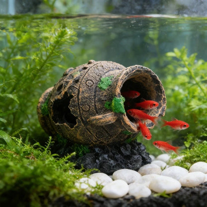 Sunken Broken Jar Aquarium Decoration. Resin Cave Hideout for Fish/ Shrimp Tank. Landscape Ornament for Shelter, Breeding and Spawning