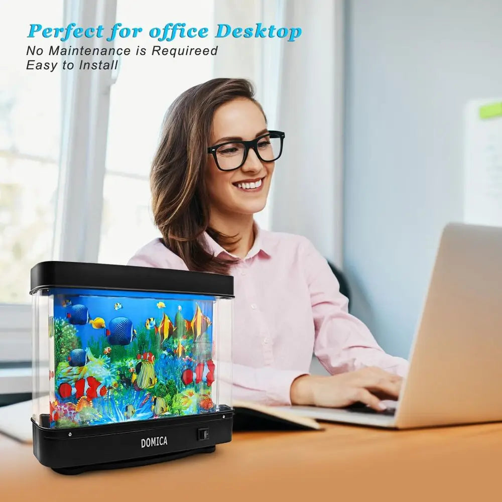 Fake Fish Tank with Moving Fish, Decorative Aquarium Lamp, Artificial Tropical Marine Tank, Sensory LED Mood Light Office Table