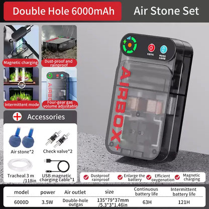 Aquarium Air Pump. Small Oxygen Pump, Lithium Battery, Magnetic Charging. Household, Outdoor. Waterproof & Portable. Silent