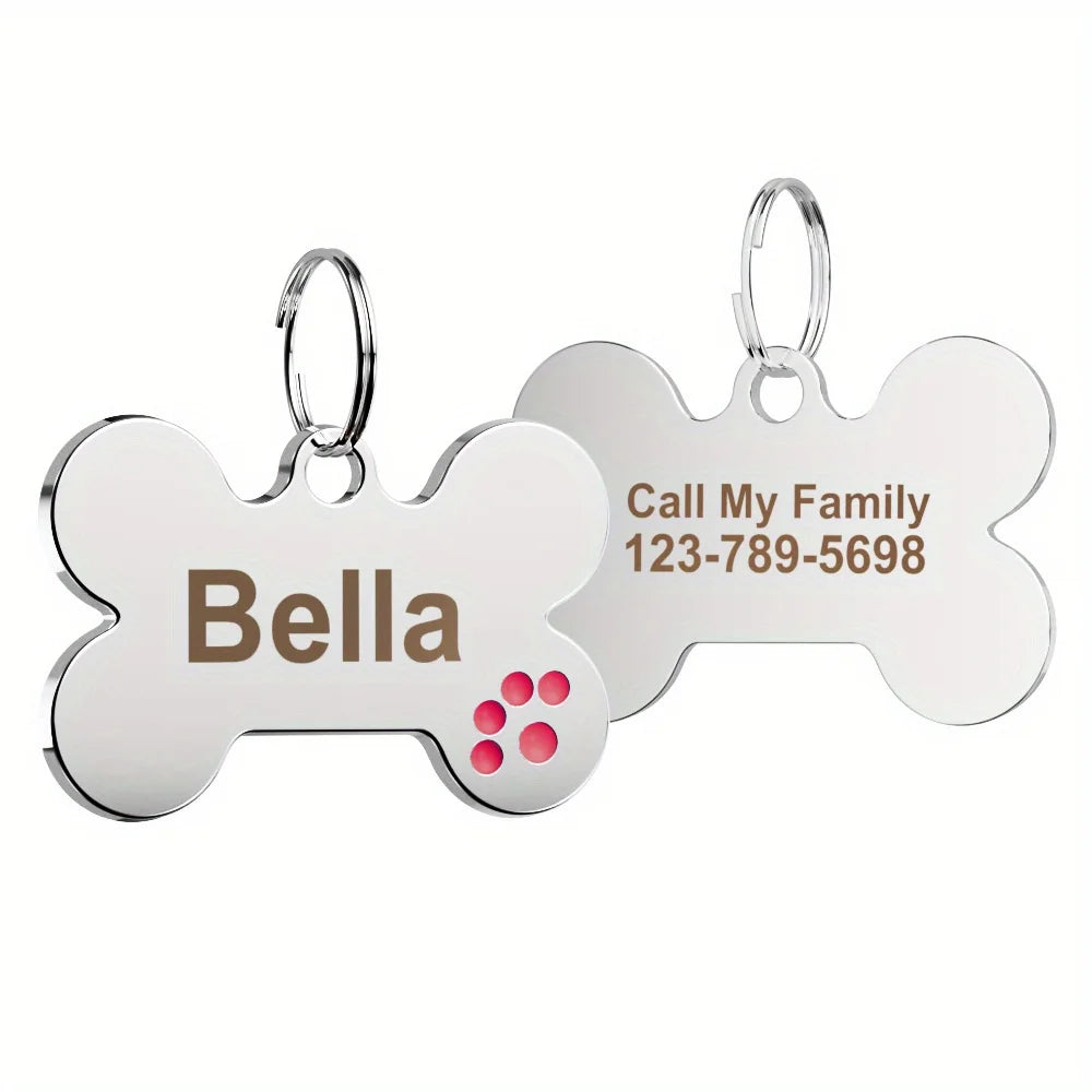 Custom Engraved Bone-Shaped Dog Tag - Personalized Pet ID Tag with Paw Print Design, Durable Metal Slide-On Collar Name Tag