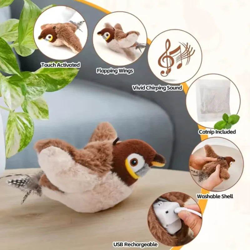New Simulated Bird Cat Toy. Interactive Toys. Rechargeable Chirping Flapping Bird(no Flying) Touch Activated Plush Toy Pet