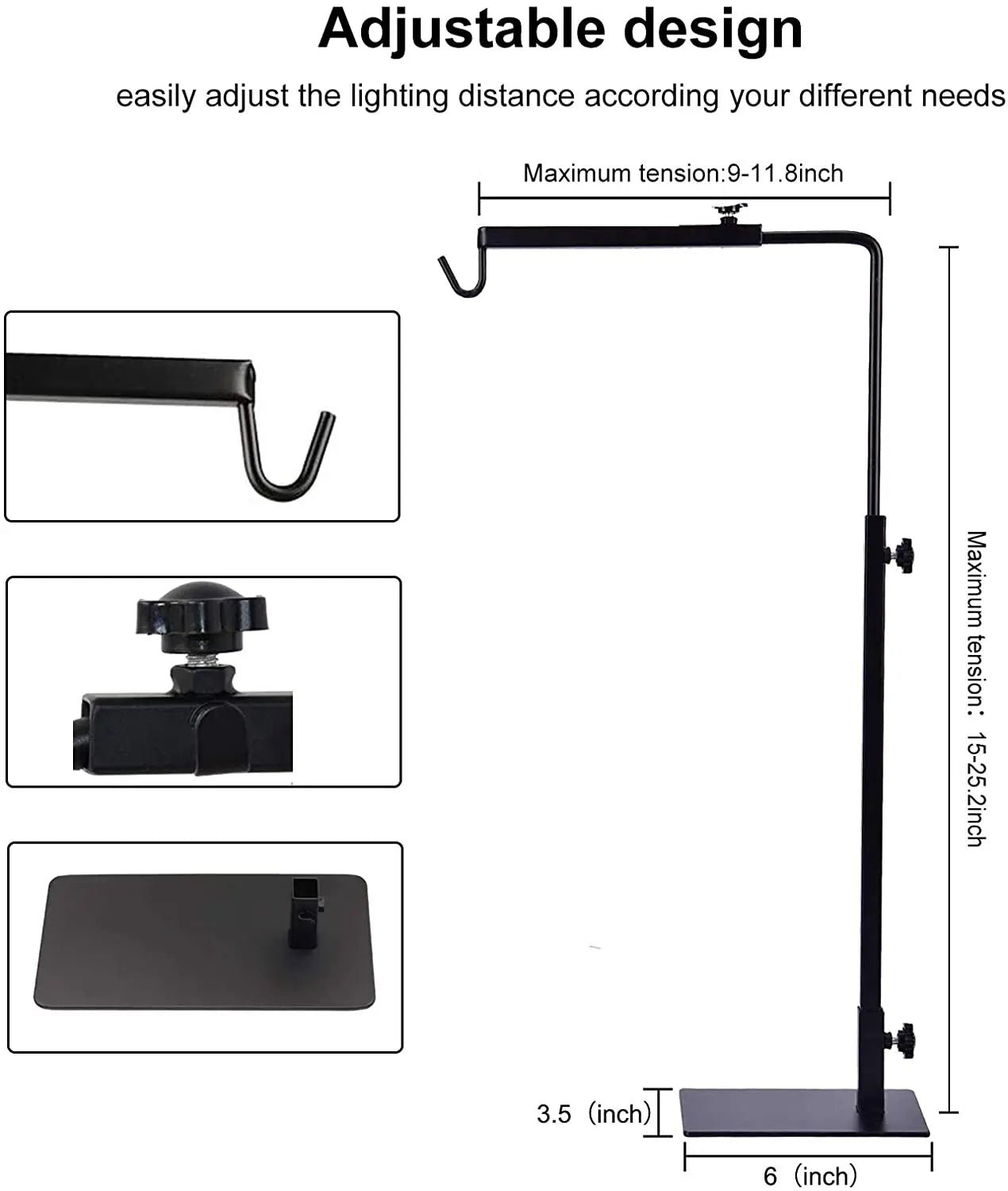 Adjustable reptile light stand, 15-25 inches, suitable for pet reptiles, amphibian aquariums, and plant lighting.