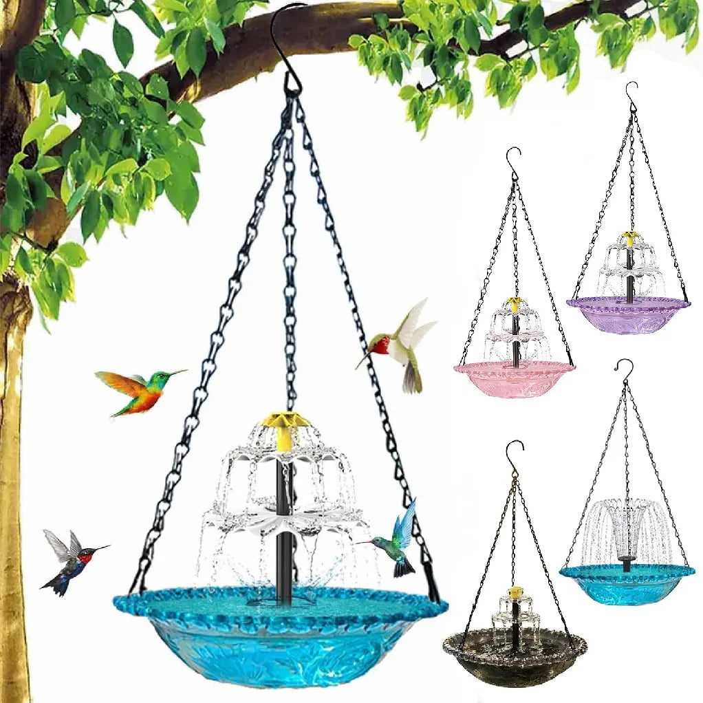 Bird Feeder. Hanging Bird Bath with Fountain. Outdoor Bird Drinking Tray with Hook for Garden Backyard. Wildlife Feeder