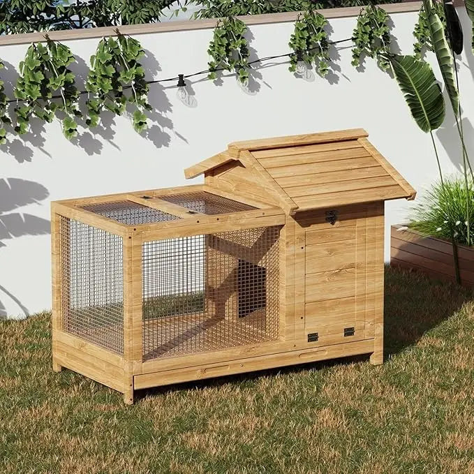 Rabbit Hutch, Outdoor & Indoor - Weatherproof, Wooden Rabbit Cage with Metal Frame Ramp, Removable Wire Netting for Small Animals