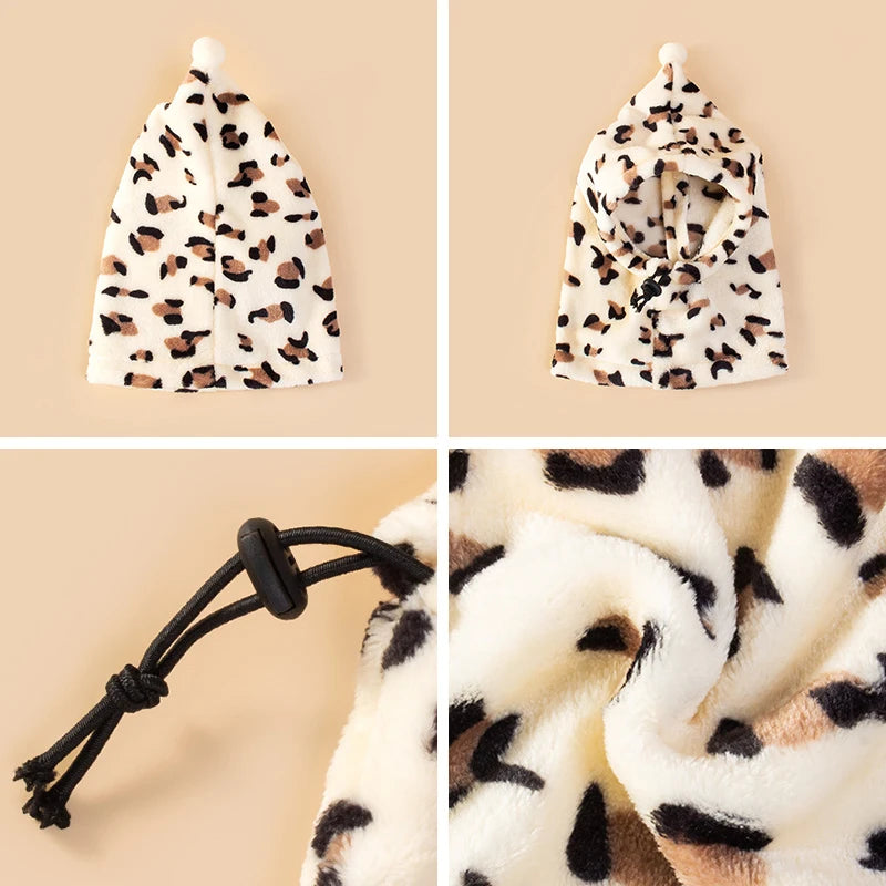 Fleece High Neck Dog Hat. Winter Pet Accessories for Dogs & Cats. Windproof Warm Leopard Puppy Headgear