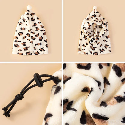 Fleece High Neck Dog Hat. Winter Pet Accessories for Dogs & Cats. Windproof Warm Leopard Puppy Headgear
