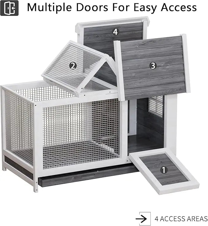 Rabbit Hutch, Outdoor & Indoor - Weatherproof, Wooden Rabbit Cage with Metal Frame Ramp, Removable Wire Netting for Small Animals
