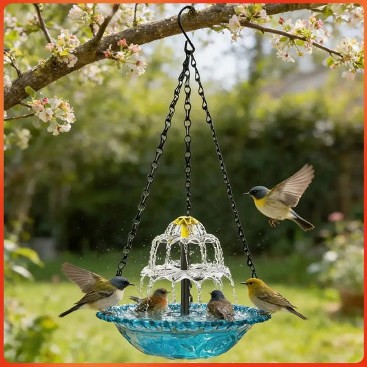 Bird Feeder. Hanging Bird Bath with Fountain. Outdoor Bird Drinking Tray with Hook for Garden Backyard. Wildlife Feeder