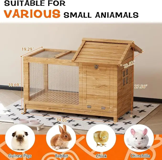 Rabbit Hutch, Outdoor & Indoor - Weatherproof, Wooden Rabbit Cage with Metal Frame Ramp, Removable Wire Netting for Small Animals