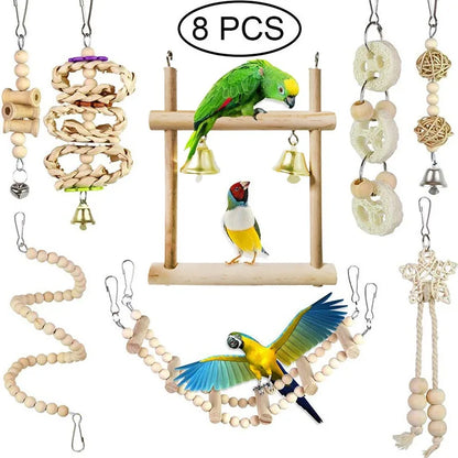 8PC Set. Combination Parrot Bird Toys. Wood Articles Bite Pet Bird Toys. For Parrot Training, Bird Toy Swing, Ball and Bell.