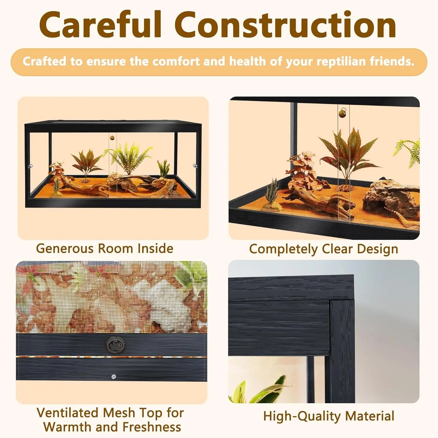 Reptile Tank with Mesh Roof and Sliding Door, Spacious Enclosure for Snakes, Lizards, Iguanas (Black, 27 Gallon)