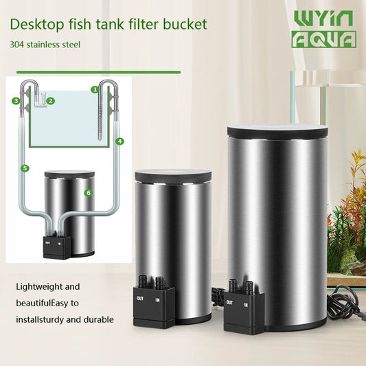 Aquarium Filter Barrel. Silent, Desktop. Built in Water Pump Filter. USB Powered Fish Tank. Stainless Steel Filter Barrel
