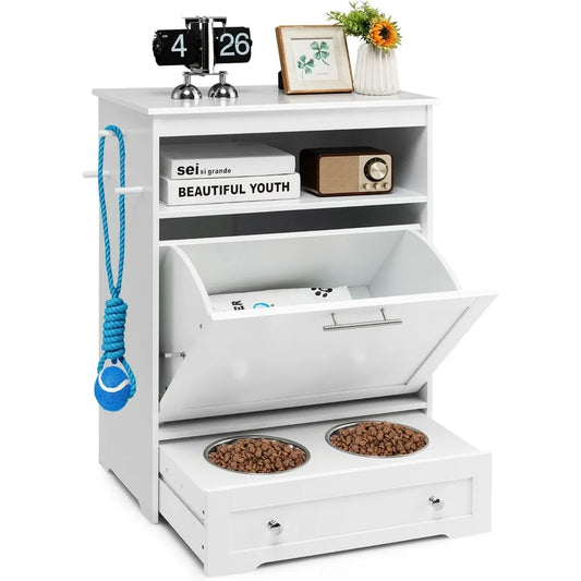 Pet Feeder Station, Dog Food Storage Container with Double Pull Out Dog Bowls, Pet Food & Toy Cabinet,