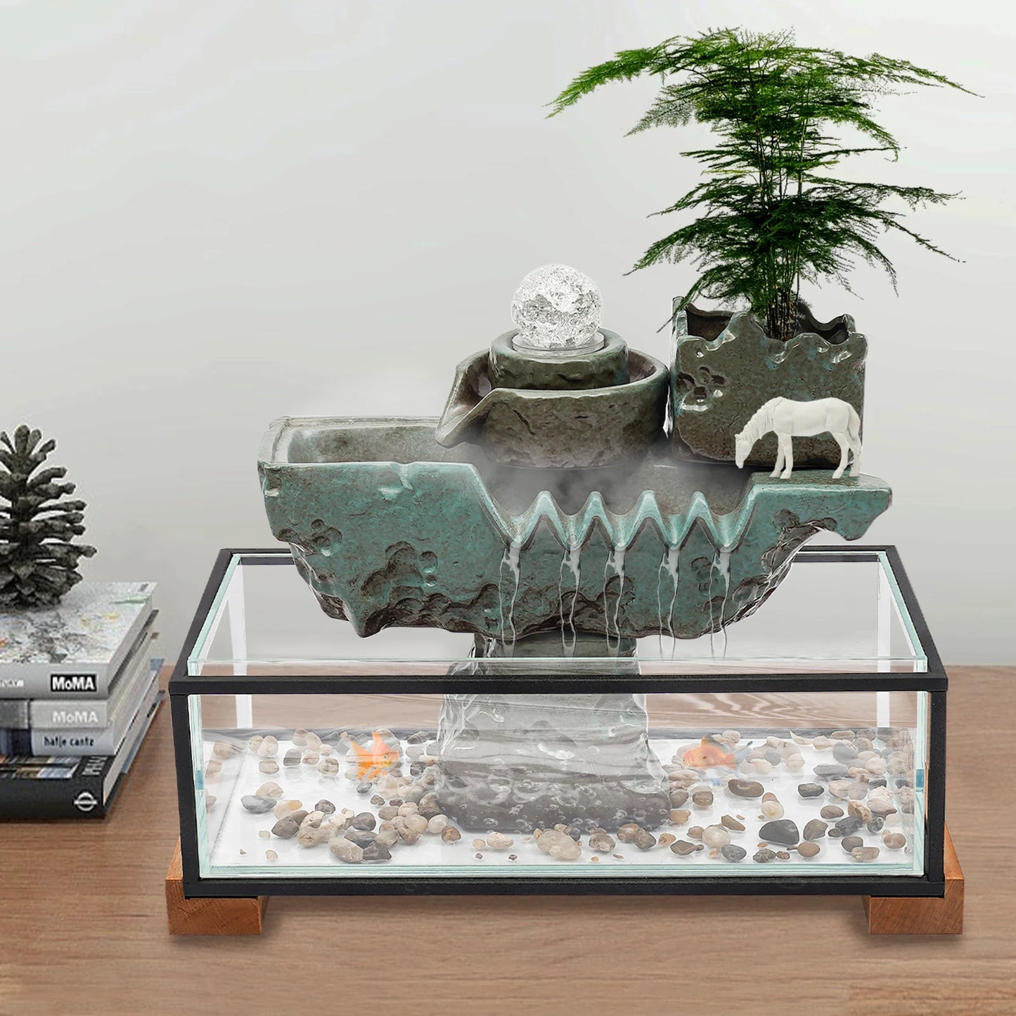 Clear Tabletop Eco Fish Tank Water Fountains, Rectangular Indoor Water Fall Decor for Meditation with Mist for Good Luck Wealth