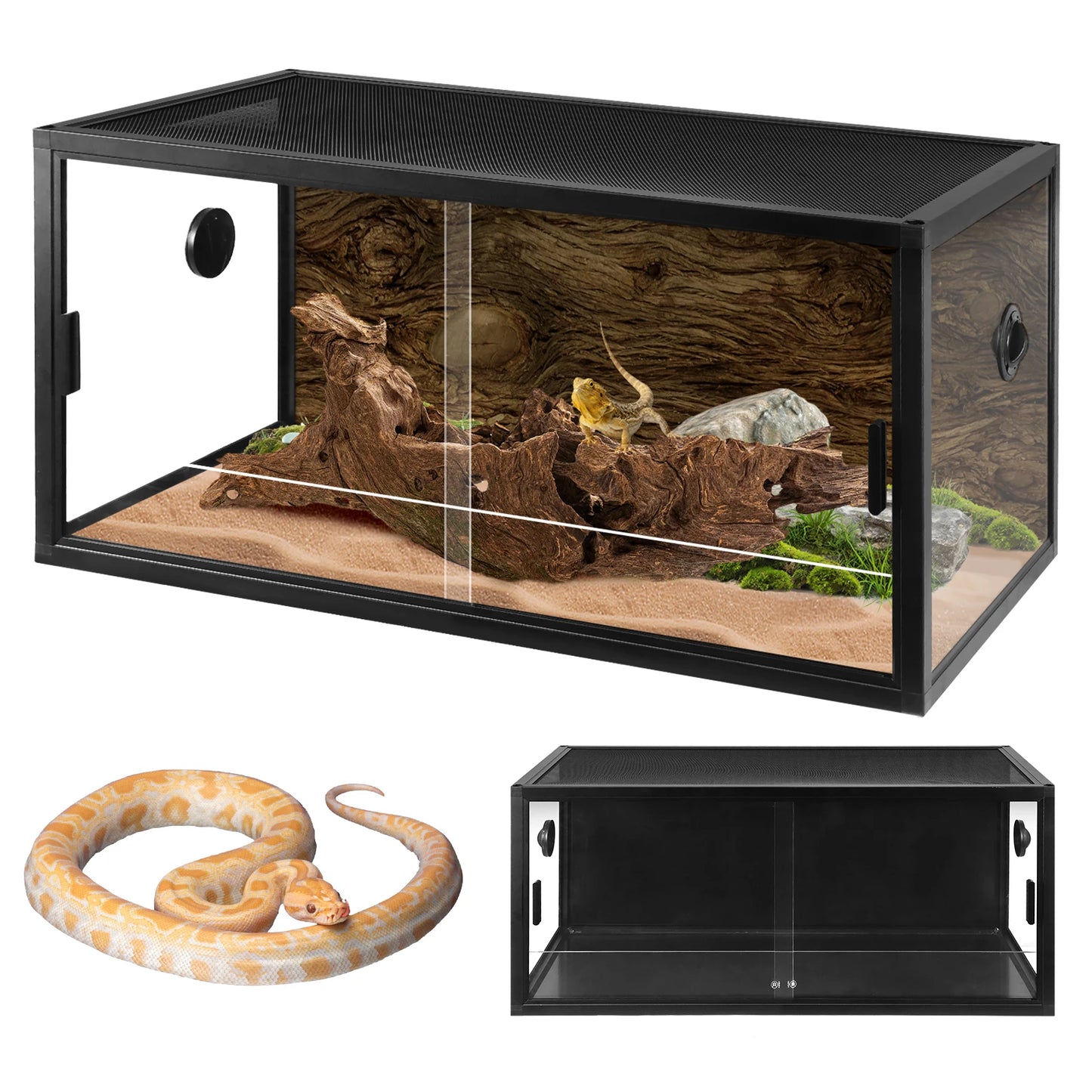 Reptile Terrarium Lounge Habitat with Ventilation, Tempered Glass. Reptile Tank Large Capacity for Snake/Bearded Dragon/Lizard Ect
