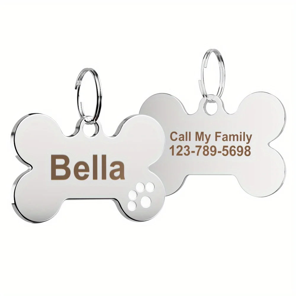 Custom Engraved Bone-Shaped Dog Tag - Personalized Pet ID Tag with Paw Print Design, Durable Metal Slide-On Collar Name Tag