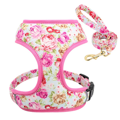 Cute Printed Dog Harness Leash Set. Soft Mesh Puppy or Cat Harness. Adjustable Walking Lead For Small & Medium Dogs & Cats