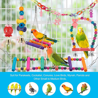 Bird Cage Toys for Parrots. Wood Birds Swing. Reliable, Chewable Bite Bridge. Wooden Beads Shape. Parrot Toy, 11pcs Bird Toys