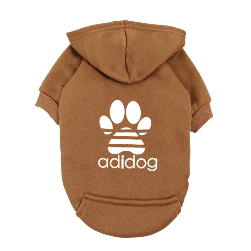 "Adidog" Style Dog Hoodie - Fleece Lined Pet Sweatshirt with Paw Logo - Casual Small Dog Outfit Jumper - Grey