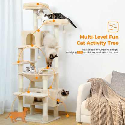 Large Cat Tree and Tower for Indoor Cats With Sisal-Covered Scratching Posts. Spacious Hammock, Padded Perches and Condos Cat Toys