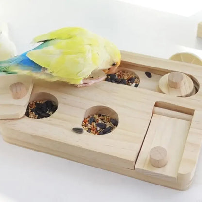 Bird Activity. Wooden Foraging Platform with Enrichment. Puzzle Sliding Block. Parrots Perch Toy with Compartments
