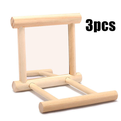 Bird Mirror Wooden Interactive Play Toy. With Perch For Small Parrot, Budgies, Parakeet, Cockatiel, Conure and Lovebird Cage Accessories