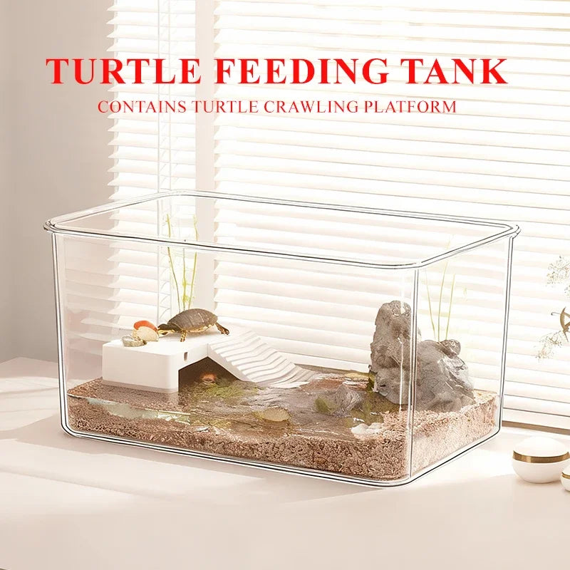 Transparent Reptile Terrarium Tank with Basking Area for Pet Turtles, Hermit Crabs, Tortoise - Turtle Adoption Habitat
