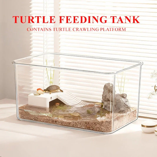 Transparent Reptile Terrarium Tank with Basking Area for Pet Turtles, Hermit Crabs, Tortoise - Turtle Adoption Habitat