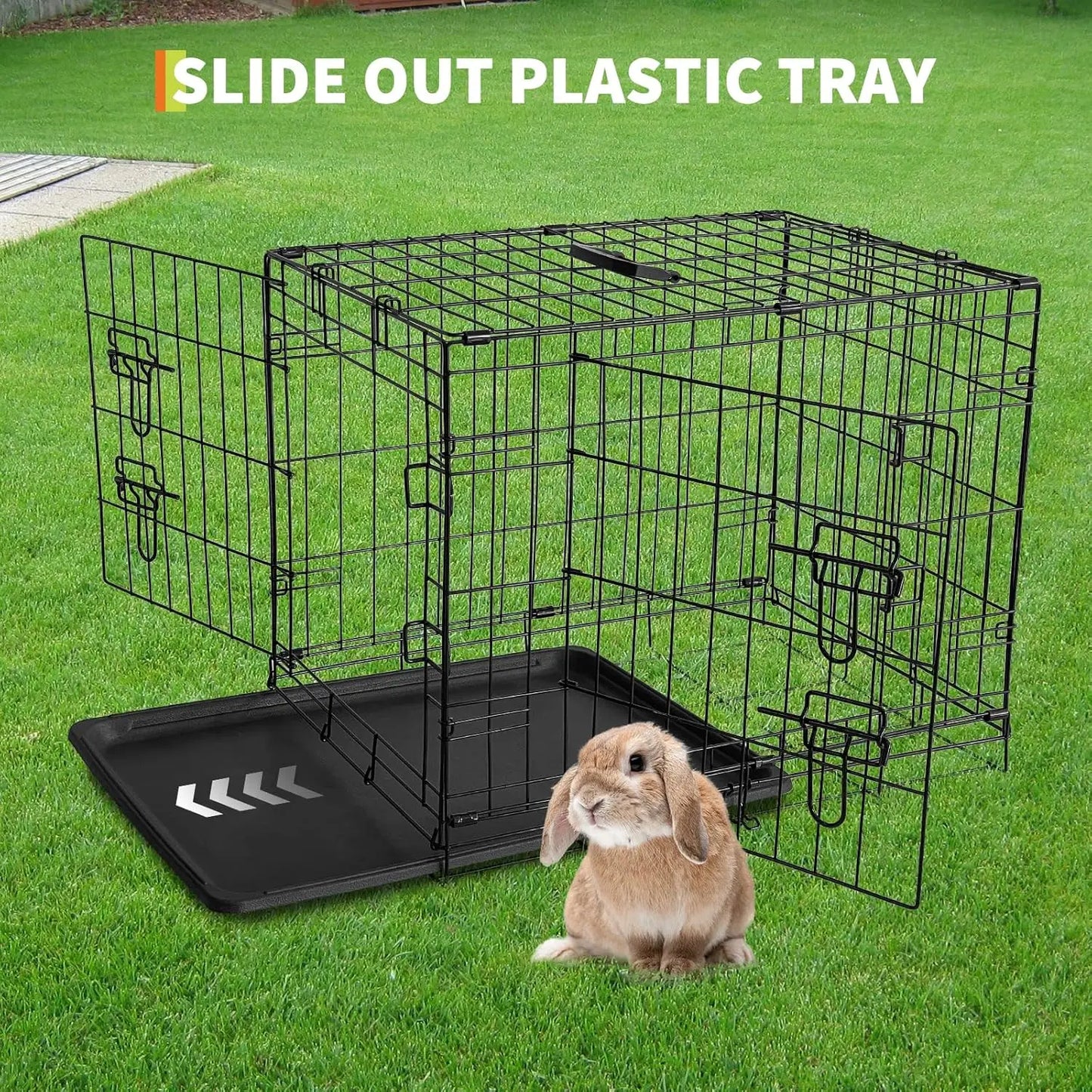 24/48 Inch Rabbit Cage, Portable, Folding Small Crate. Rabbit Carriers with Slide Out Tray & 2 Doors for Bunny, Ferret, Chinchilla & Rat