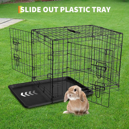 24/48 Inch Rabbit Cage, Portable, Folding Small Crate. Rabbit Carriers with Slide Out Tray & 2 Doors for Bunny, Ferret, Chinchilla & Rat