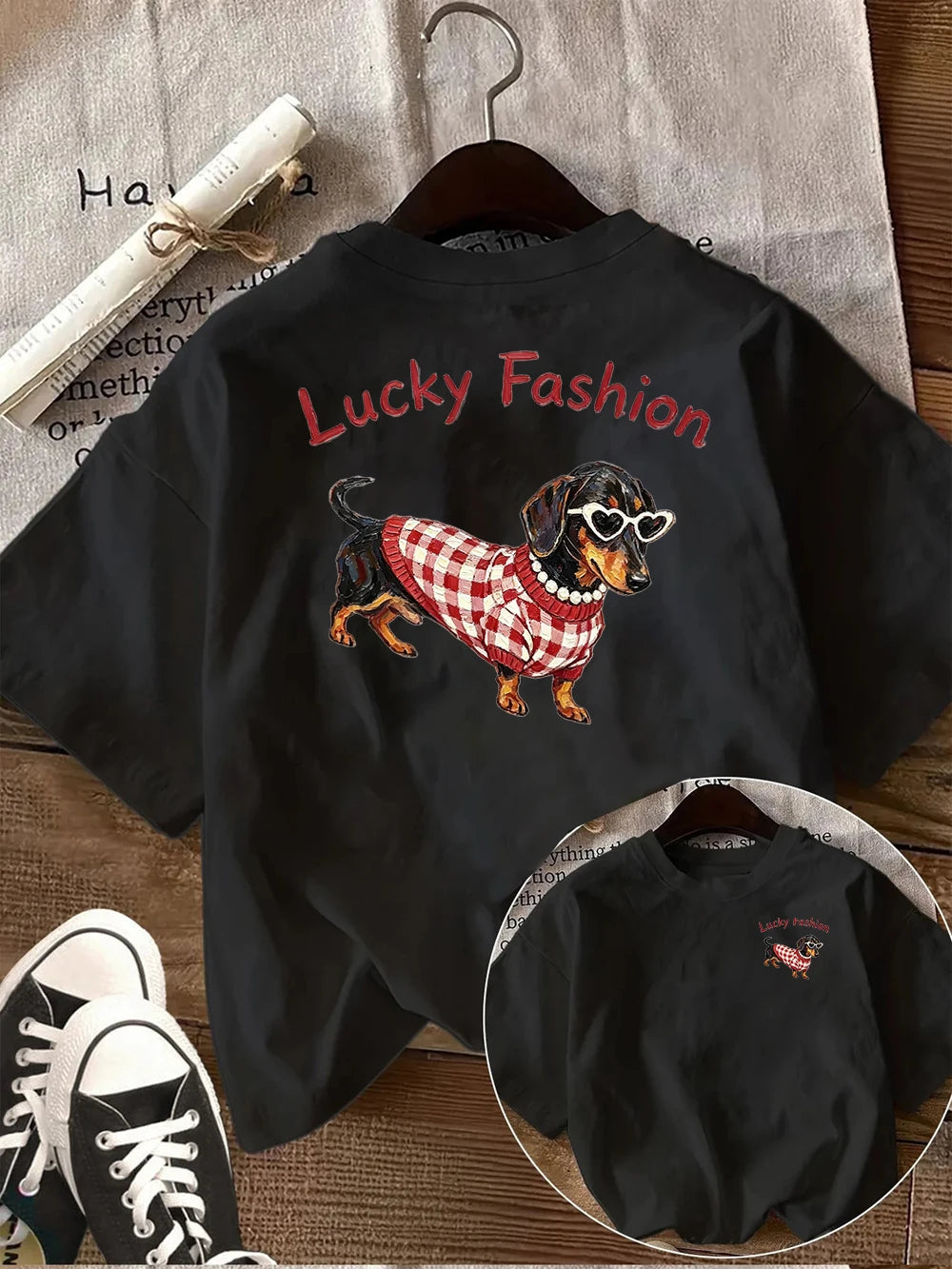 Dog Graphic T Shirt.  Women Dachshund Print Tee. Casual Summer Short Sleeve Fashion. Cute Top for Women