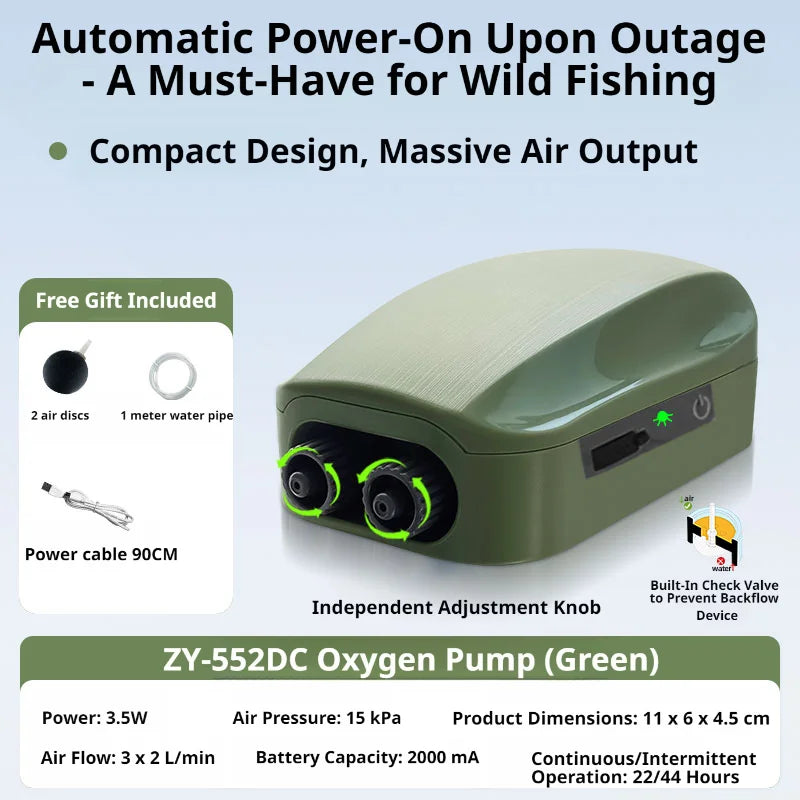 Aquarium Oxygen Air Pump Compressor Charging Silent USB with Battery Portable Oxygenator 2000mA Outdoor