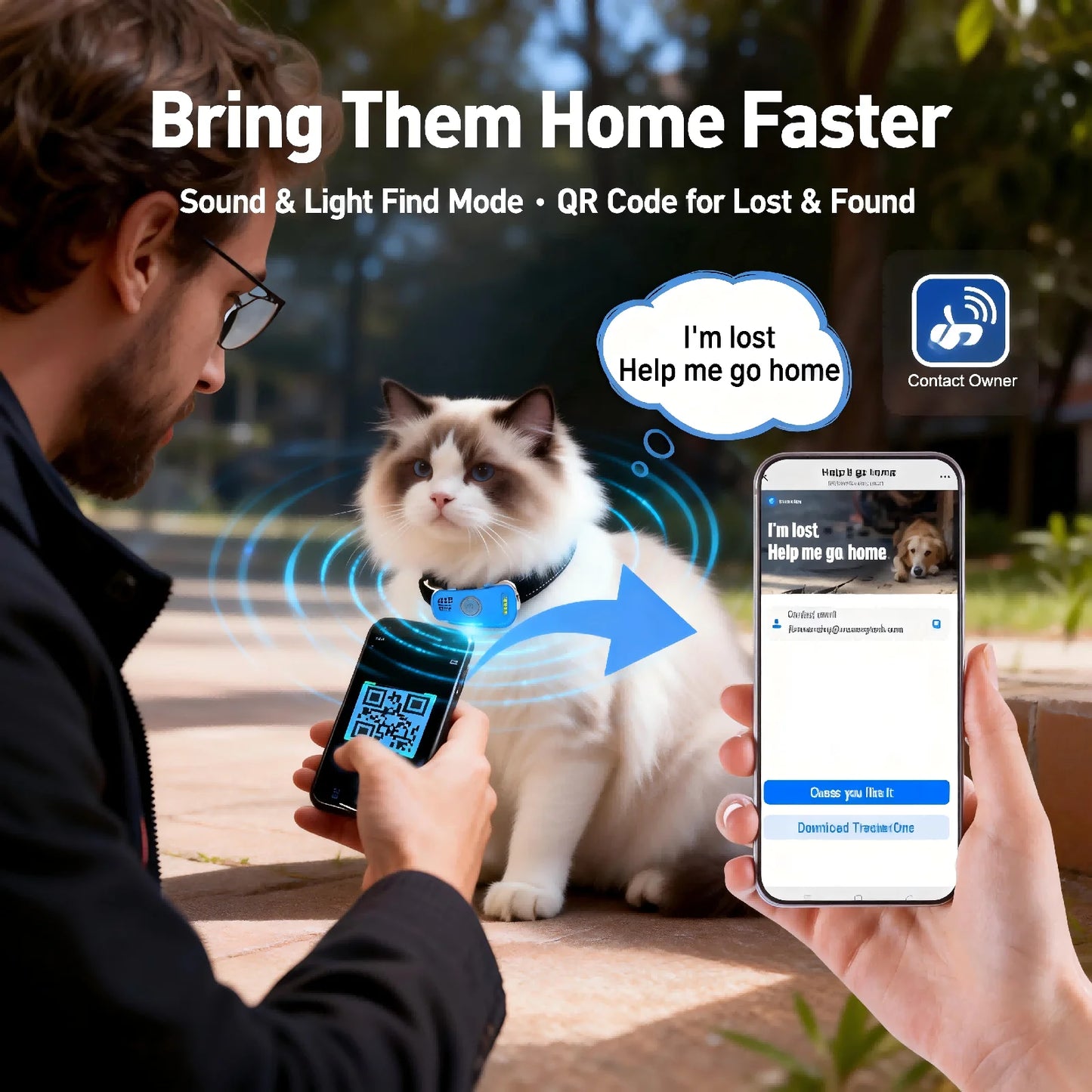 GPS Pet Tracker for Dogs & Cats. Real Time Tracking Unlimited Distance QR Code, Anti-Lost Locator with 1-year Service