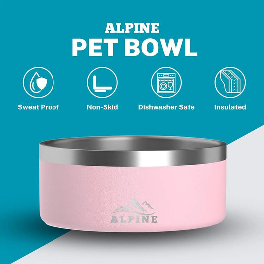 Set of 2 Stainless Steel Dog Bowls, Non-Slip Double Walled Insulated Pet Bowl for Food and Water (64 oz, Pink)