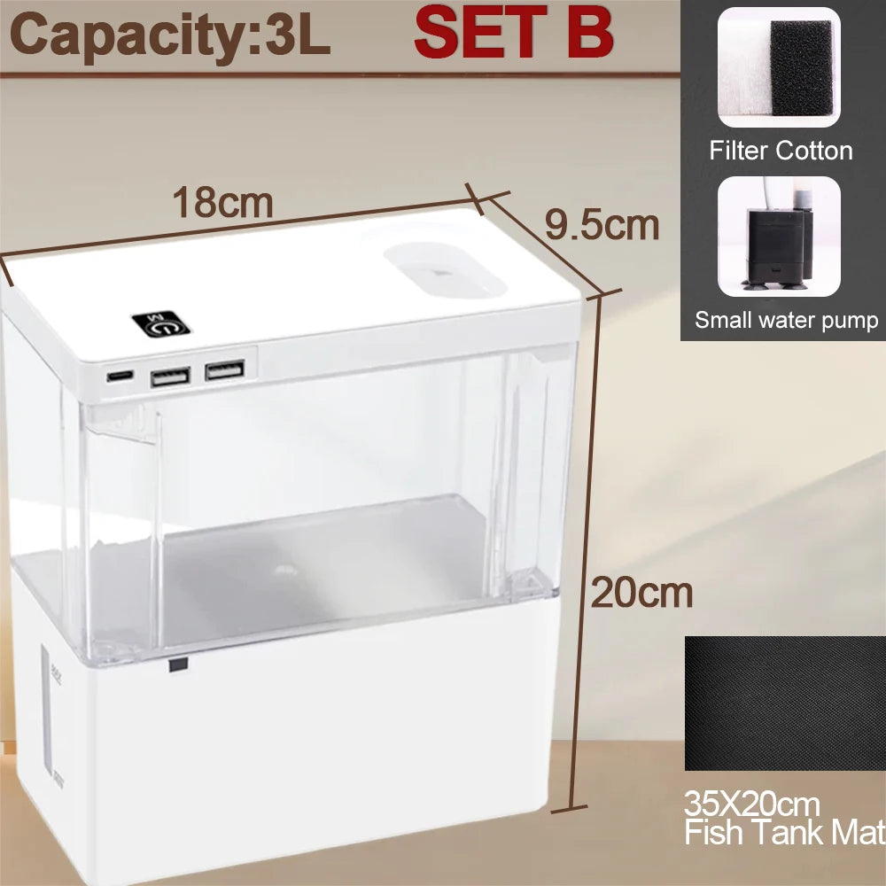 Mini 3L Desk Fish Tank 5L. Plastic Tank. Botton Filter With Water Pump.