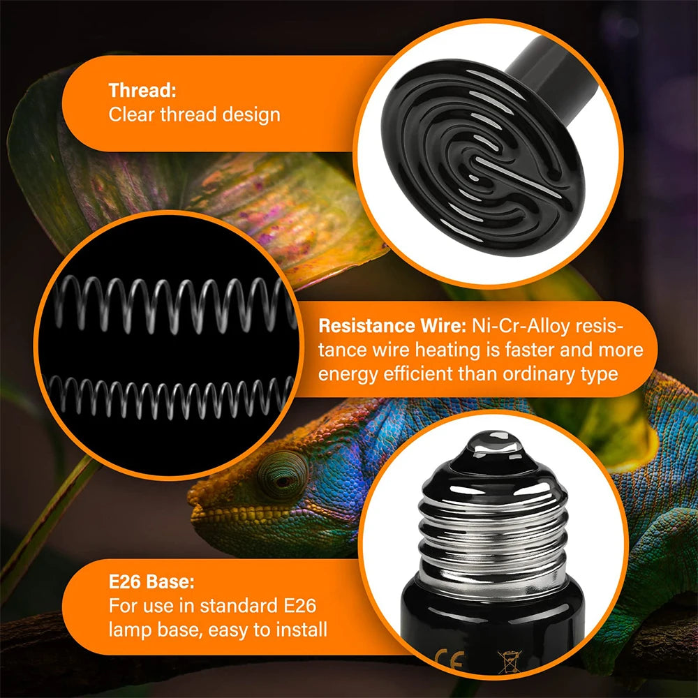 3PCS Reptiles Far Infrared Heating Bulb. 220V/110V 25W 50W 75W 100W E27, Black Ceramic Heat Lamp for Turtle, Snake,  Chameleon