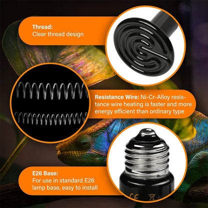 3PCS Reptiles Far Infrared Heating Bulb. 220V/110V 25W 50W 75W 100W E27, Black Ceramic Heat Lamp for Turtle, Snake,  Chameleon