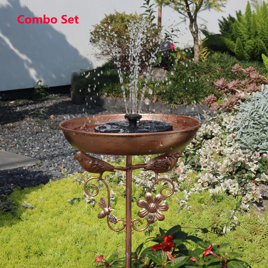 A Vintage Copper-Colored Iron Bird Bath with a Solar-Powered Fountain, Outdoor Rust-Proof with 5 Stable Legs, Garden and Yard Decoration, Bird Drinking and Bathing Station, Easy to Clean, Classic Garden Decoration, Outdoor De
