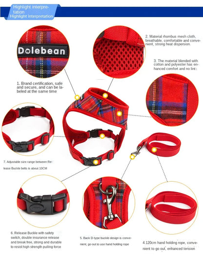 New Dog Harness and Leash Set. Traction Rope Plaid Chest Strap. Small and Medium-sized Dogs