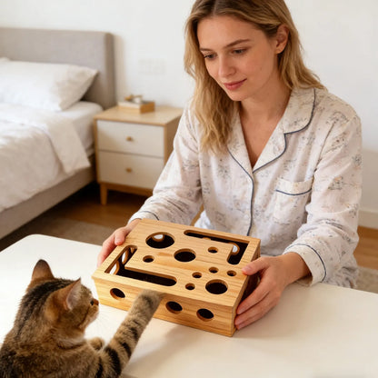 Interactive Frosted Wooden Cat Maze Toy. Pet Treat Dispenser Puzzle Box. Cat Enrichment Plaything. Kitten Foraging Game Feeder