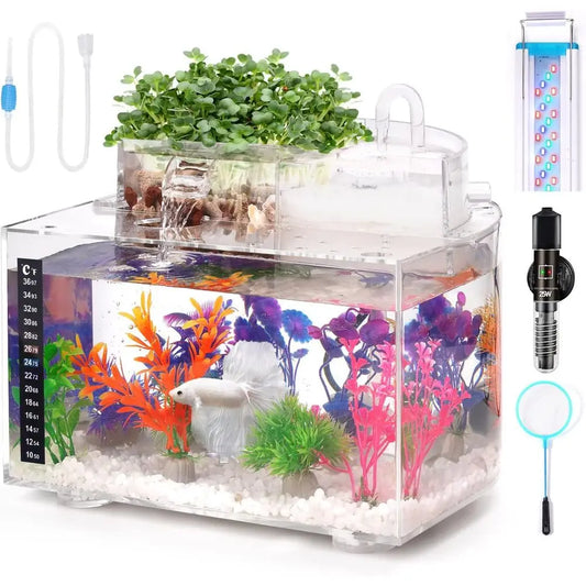 Betta Fish Tank Kit, 2.5 Gallon Aquarium Self-Cleaning with LED Light, Filter, Heater, Decorations and Accessories