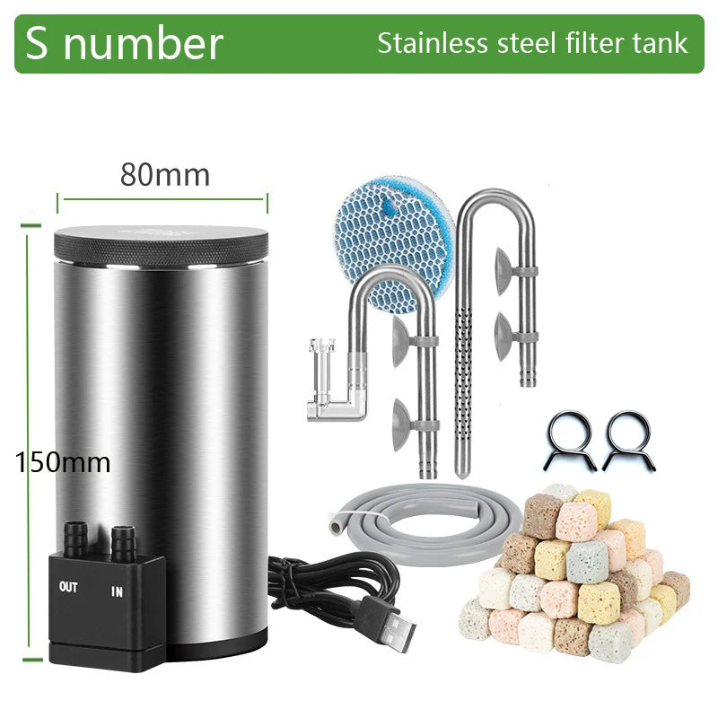 Aquarium Filter Barrel. Silent, Desktop. Built in Water Pump Filter. USB Powered Fish Tank. Stainless Steel Filter Barrel