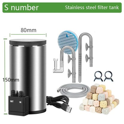 Aquarium Filter Barrel. Silent, Desktop. Built in Water Pump Filter. USB Powered Fish Tank. Stainless Steel Filter Barrel