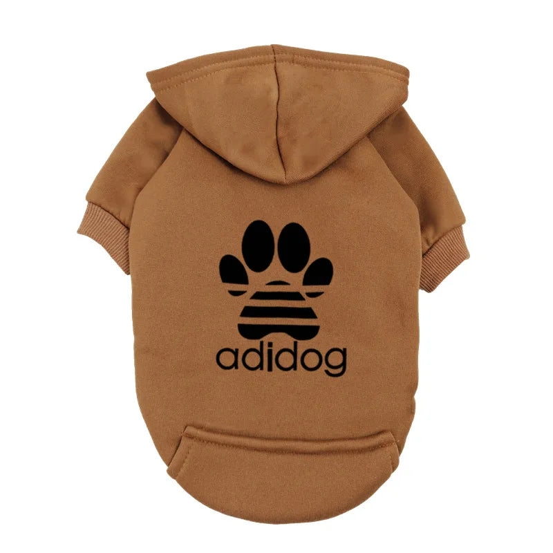 "Adidog" Style Dog Hoodie - Fleece Lined Pet Sweatshirt with Paw Logo - Casual Small Dog Outfit Jumper - Grey