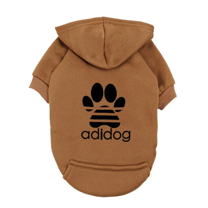 "Adidog" Style Dog Hoodie - Fleece Lined Pet Sweatshirt with Paw Logo - Casual Small Dog Outfit Jumper - Grey