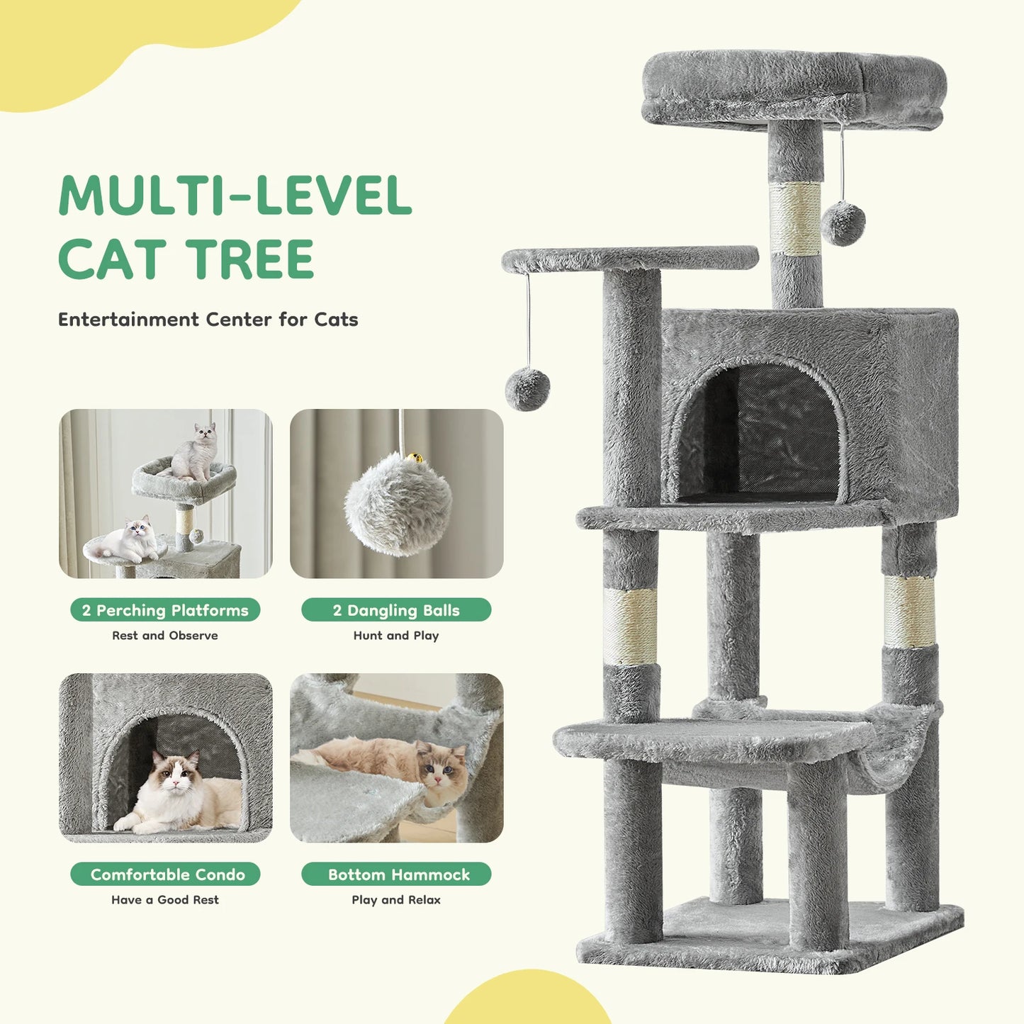 44In Cat Tree, Tall, Multi-Cat Climbing Tower. Natural Sisal Scratching Posts. Stable Pet House for Indoor Cats